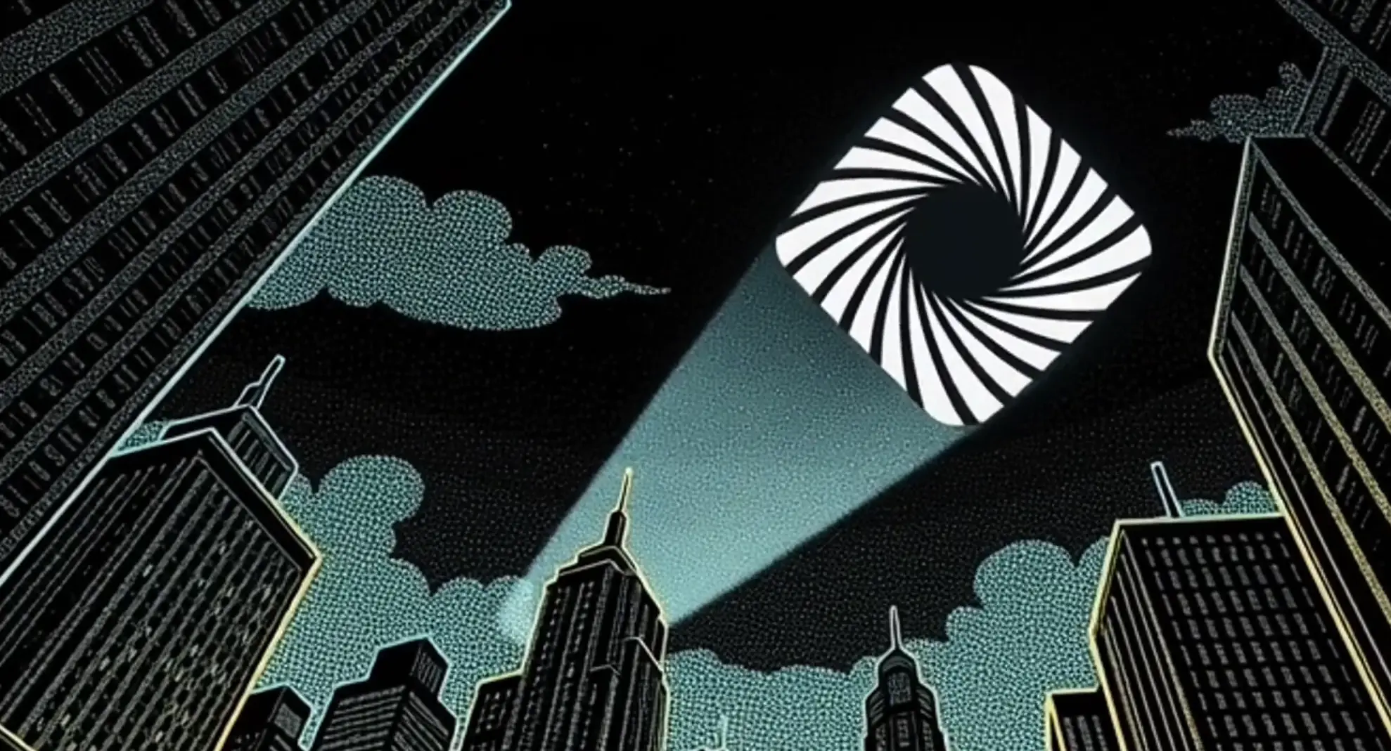 Night cityscape with a spotlight projecting a spiral black and white symbol into the sky.