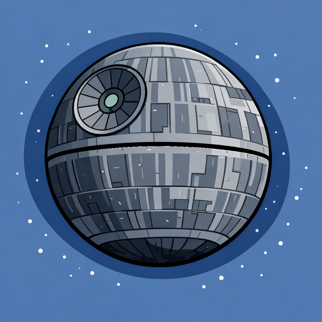Illustration of the Death Star, a large spherical space station, set against a blue starry background.