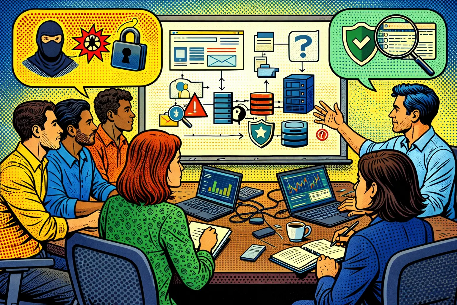 Team discussing cybersecurity with flowchart, laptops, and icons of hackers, locks, and data protection on screen.