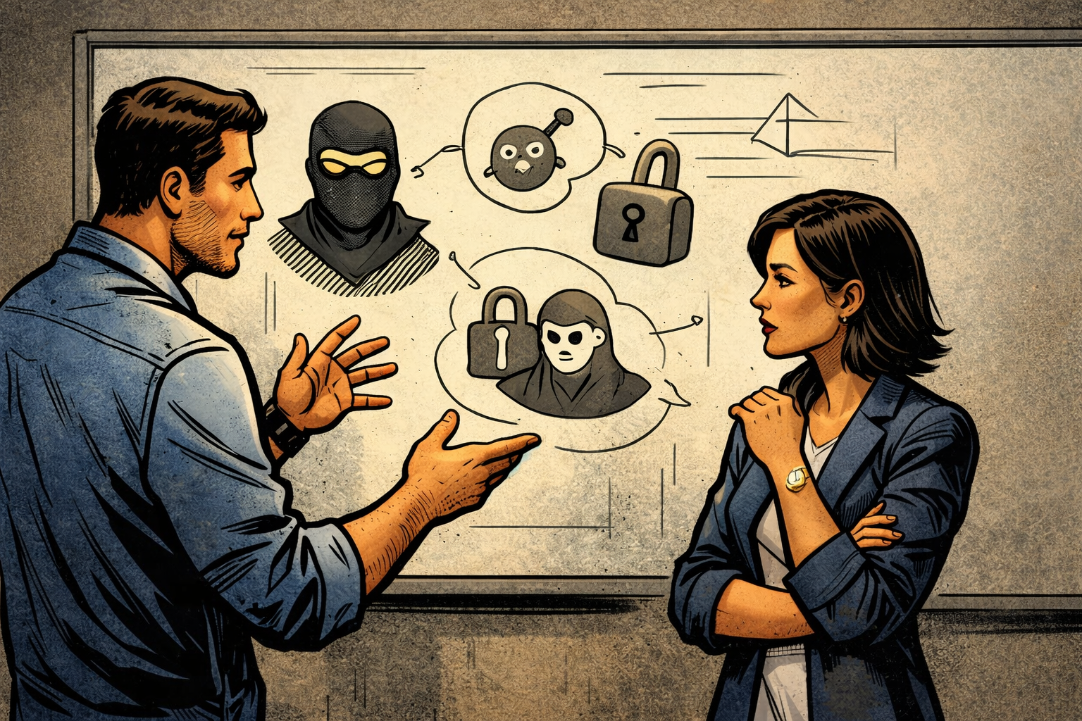 Man explaining cybersecurity threats to woman, with hacker and padlock icons drawn on whiteboard.
