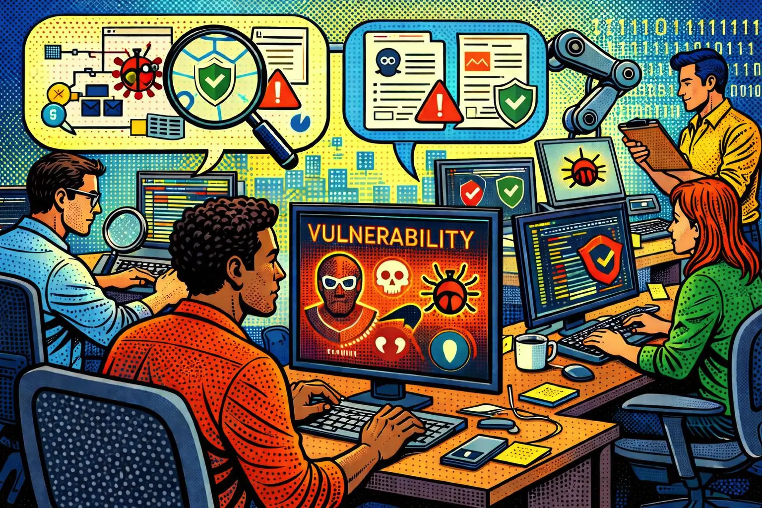 Four cybersecurity experts detect and analyze software vulnerabilities on multiple computer screens.