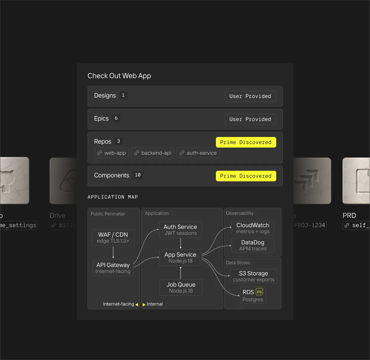 UI showing Check Out Web App with designs, epics, repos, components, and an application map of services and data stores.