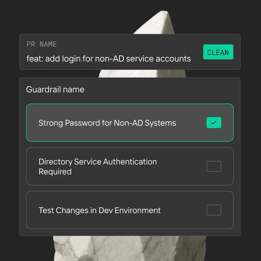 A UI showing PR name and guardrail options with 'Strong Password for Non-AD Systems' selected.