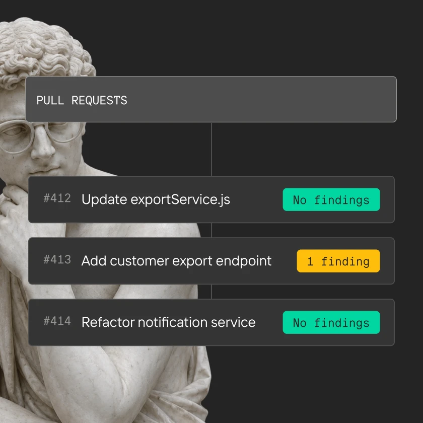 Code pull requests list with three entries showing status: two have no findings, one has 1 finding.