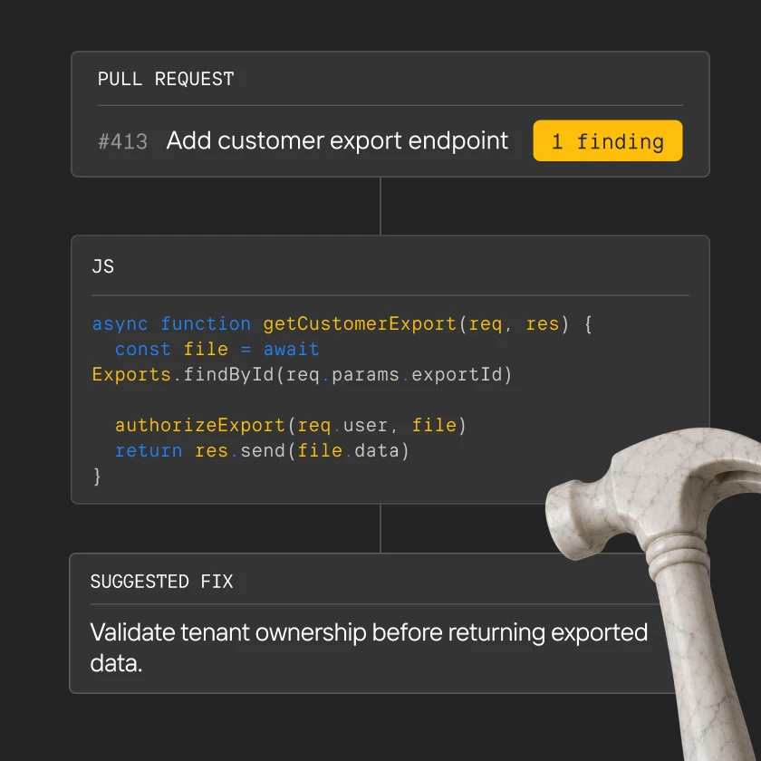 Code snippet for getCustomerExport function with a fix suggestion and a #413 pull request label.