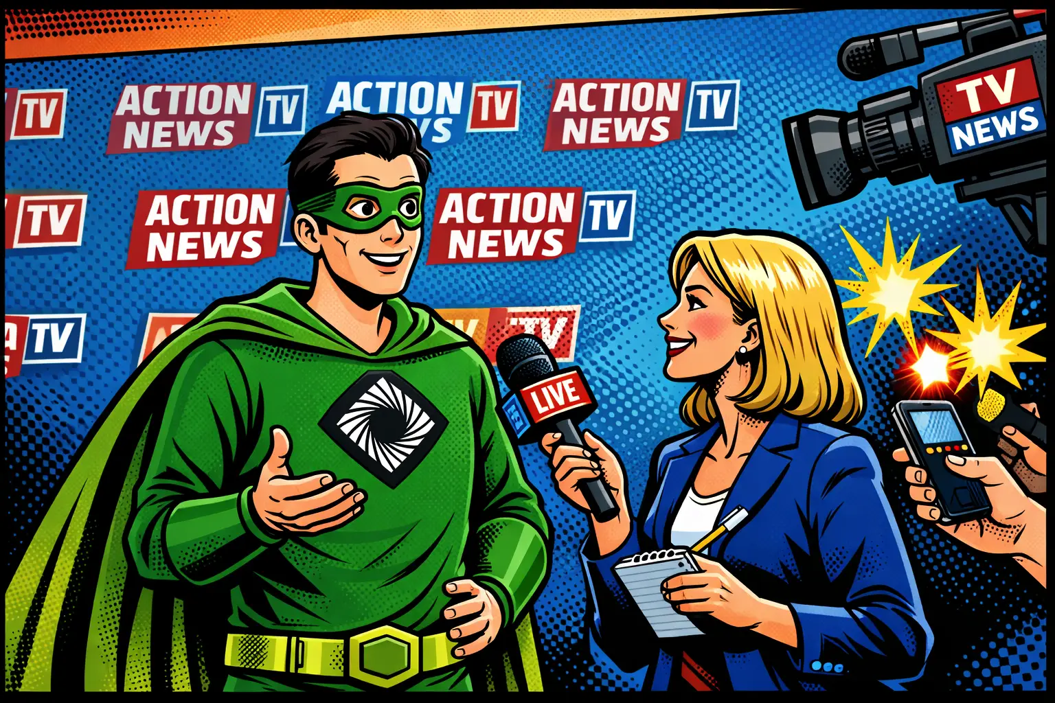 Superhero in green costume being interviewed by a female reporter holding a microphone and notepad.