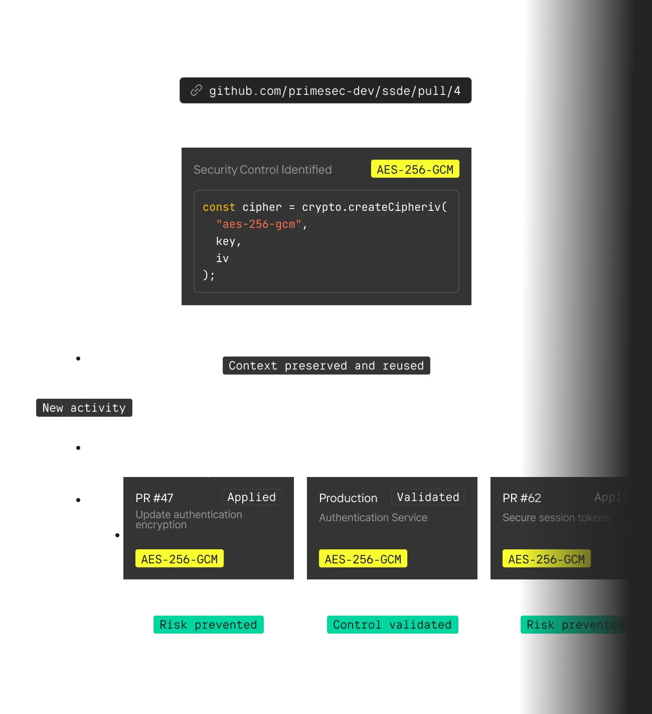 Flowchart shows AES-256-GCM security control reused in updates and production with risk prevented and control validated.