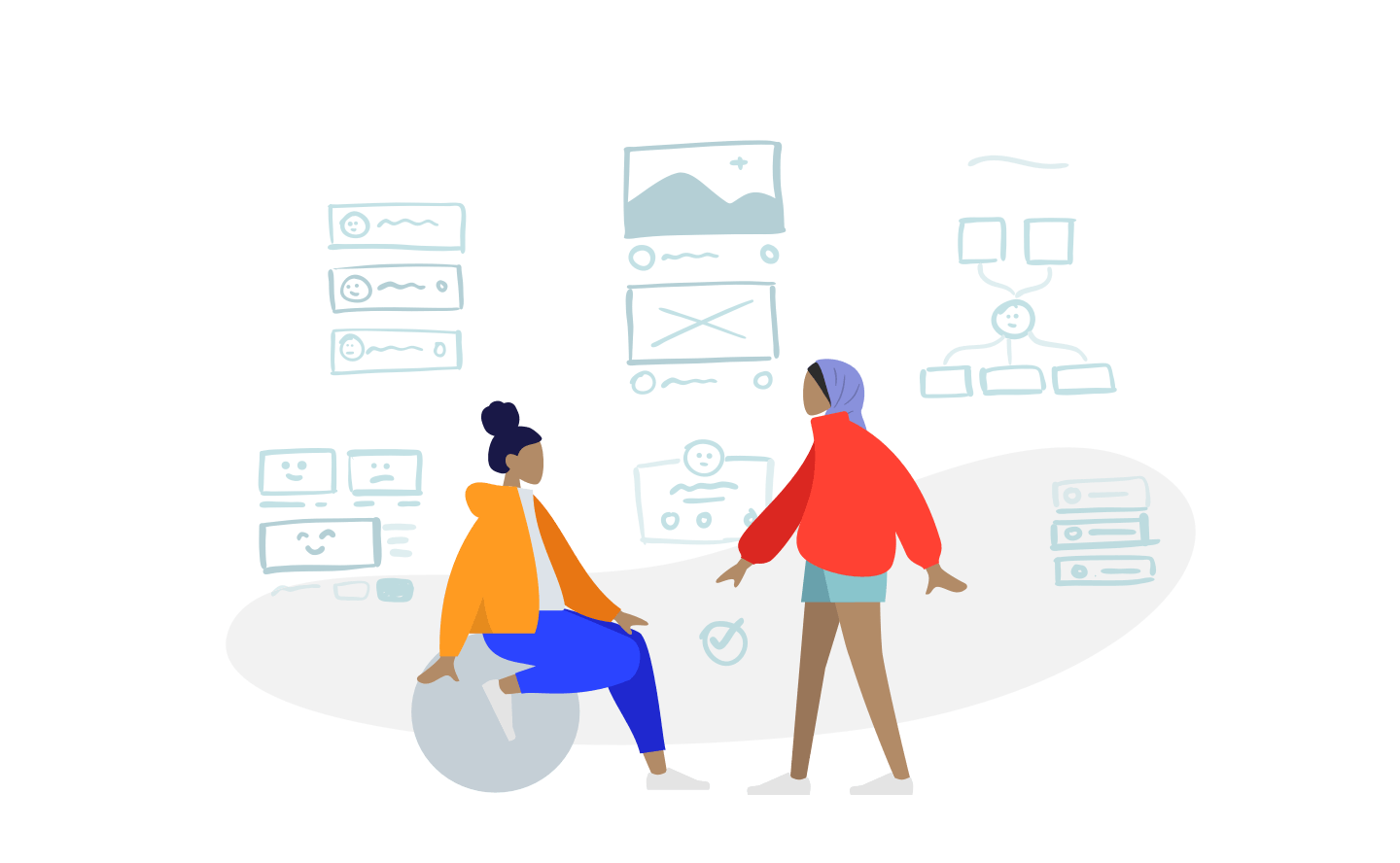 Two people stand beside a seated person in front of a large white oval panel, with digital icons of charts, servers, and network diagrams floating behind them.