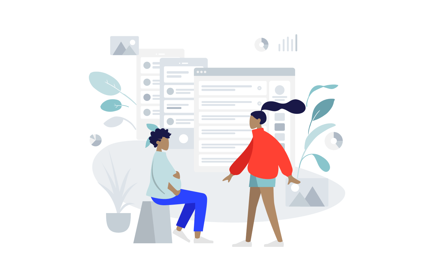 An illustration of two people working with a large computer dashboard, with interface panels, plant leaves, and small clock icons in the background.
