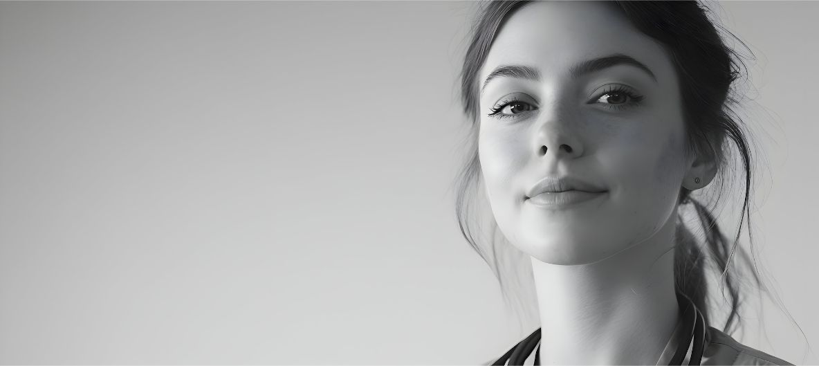 A black-and-white close-up portrait of a young woman with dark hair against a plain light background.