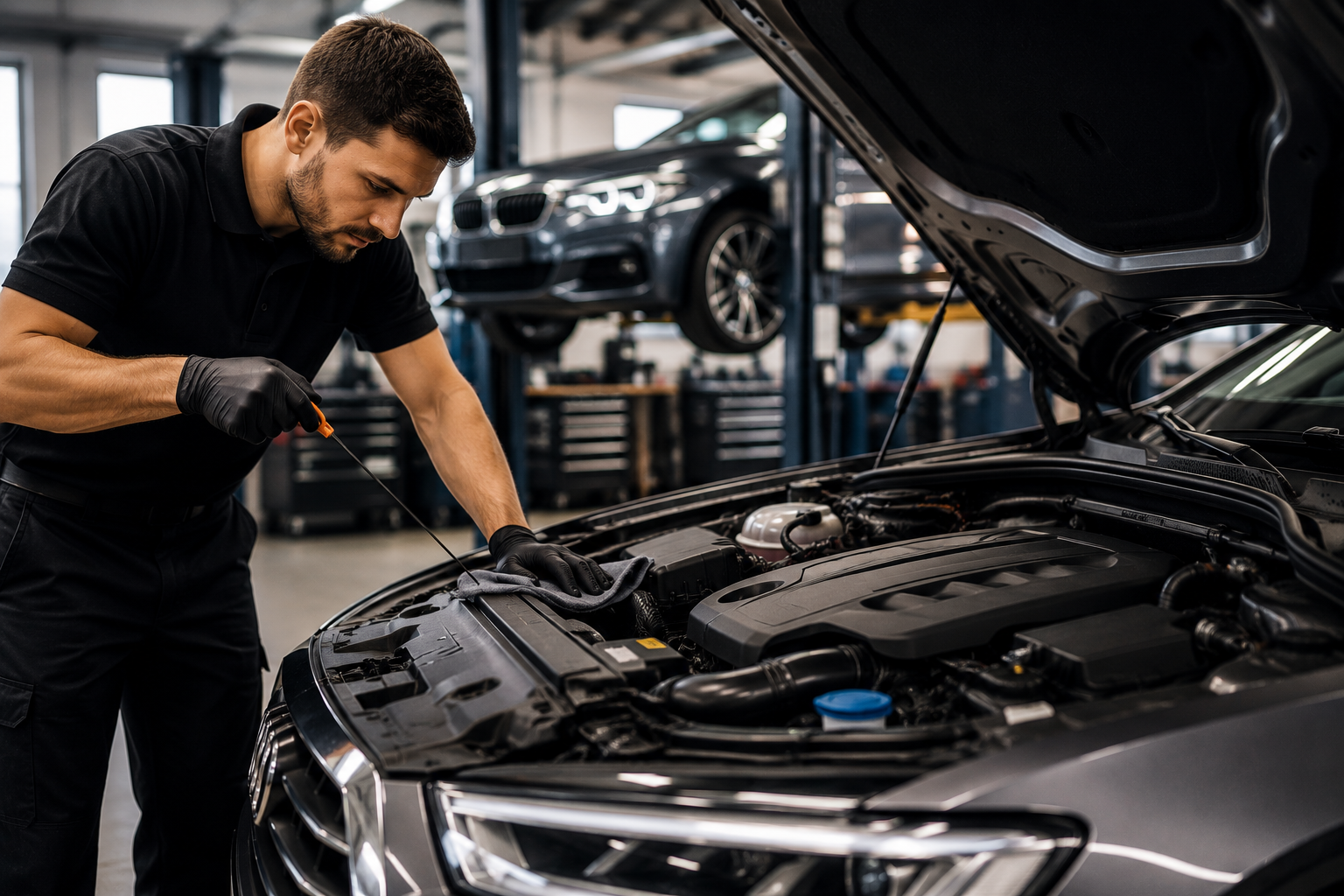 Major car service inspection in a clean automotive workshop