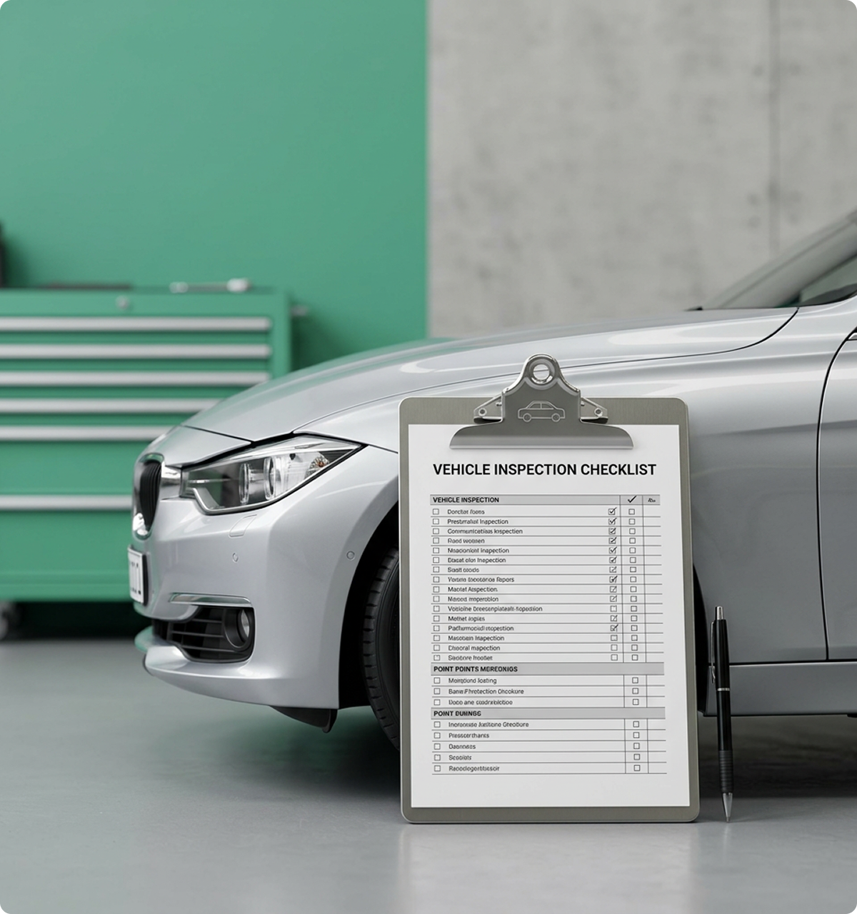 Roadworthy inspection checklist beside a vehicle in a clean workshop