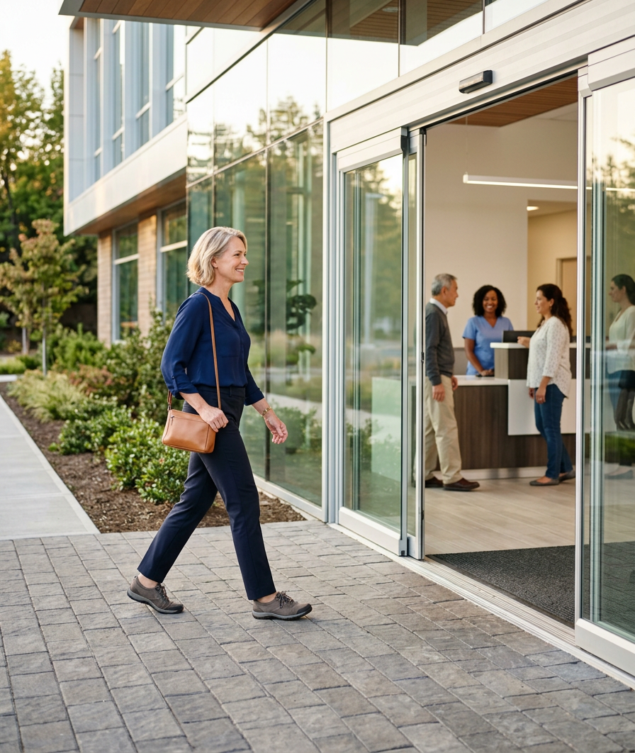 Woman entering a hospital