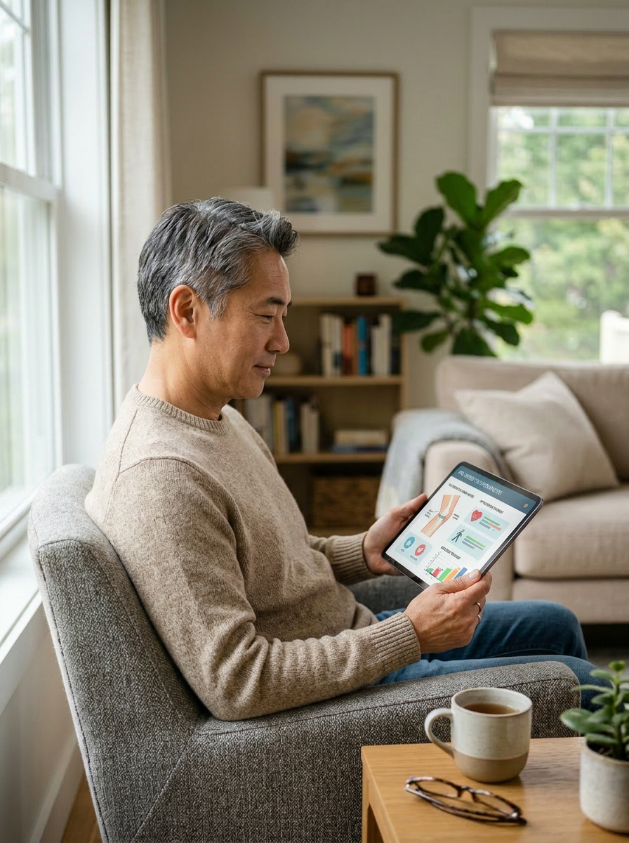 Man at home looking at a tablet.