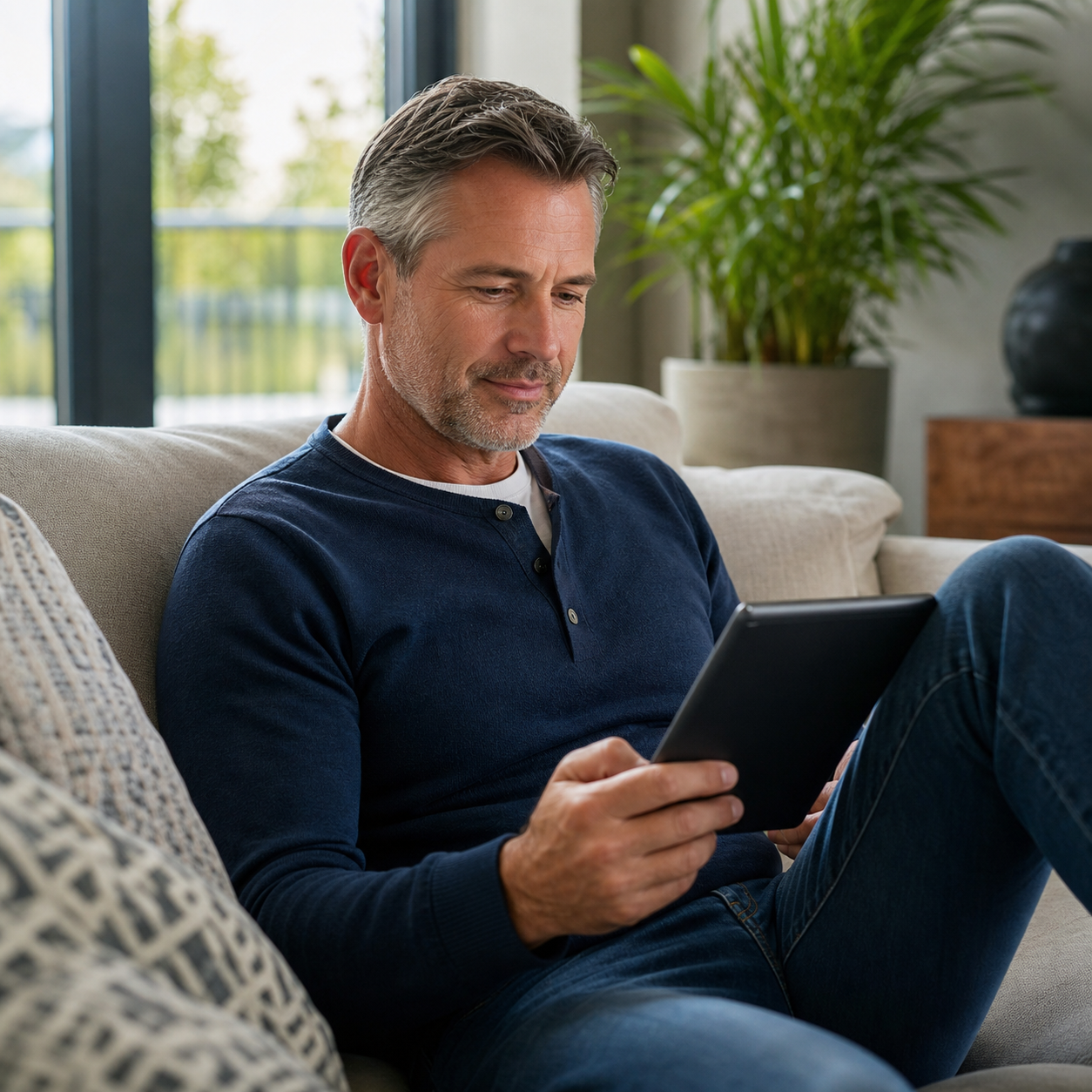 A man sitting on a couch looking at a tablet