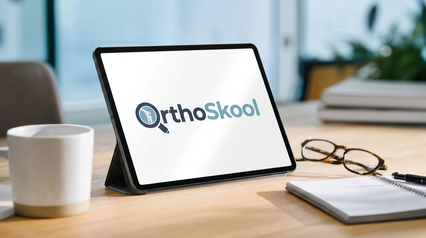 A tablet sitting on a desk in landscape view with the OrthoSkool logo on screen and coffee cup, glasses, notebook, and pen on the table
