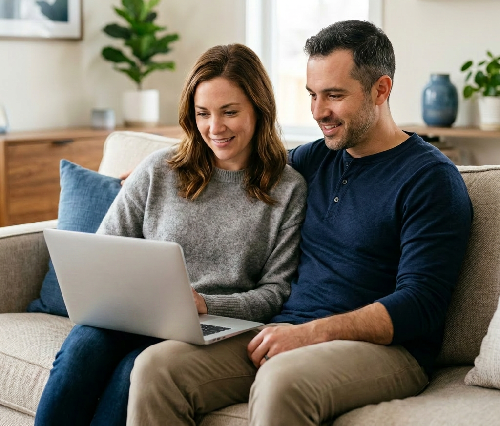 Woman and man sitting at home on a couch looking at a laptop computer screen