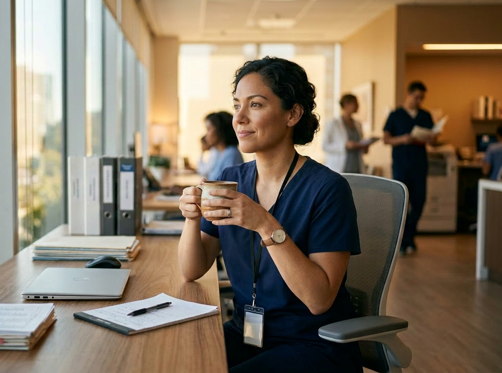 Nurse enjoying coffee looking out window