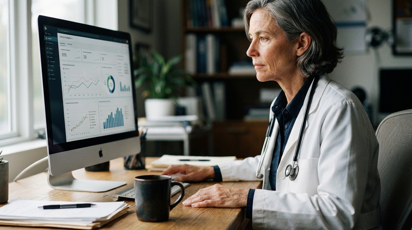 A doctor looking at a computer screen with graphs on it.