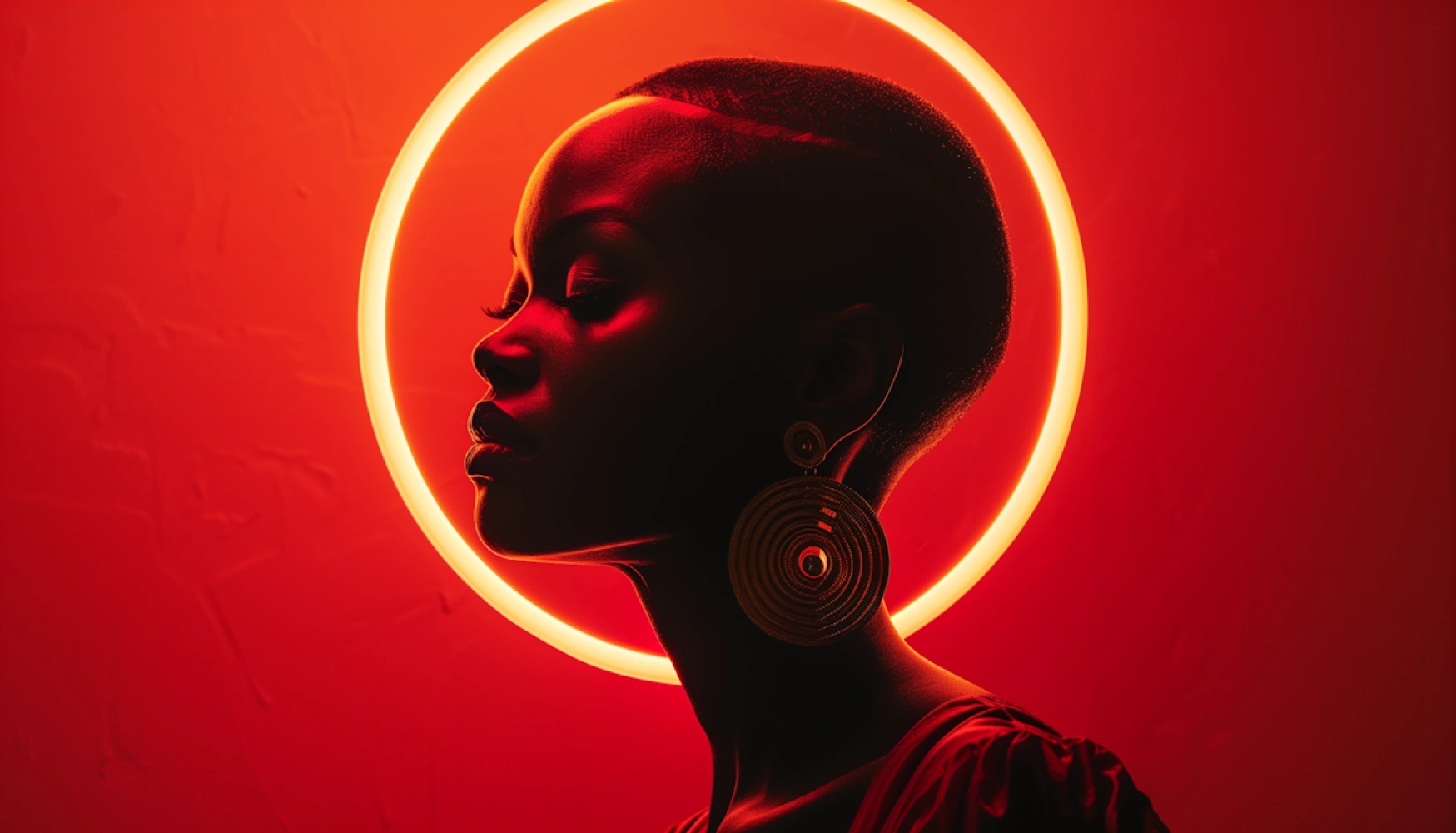 Profile portrait illuminated by a red halo.