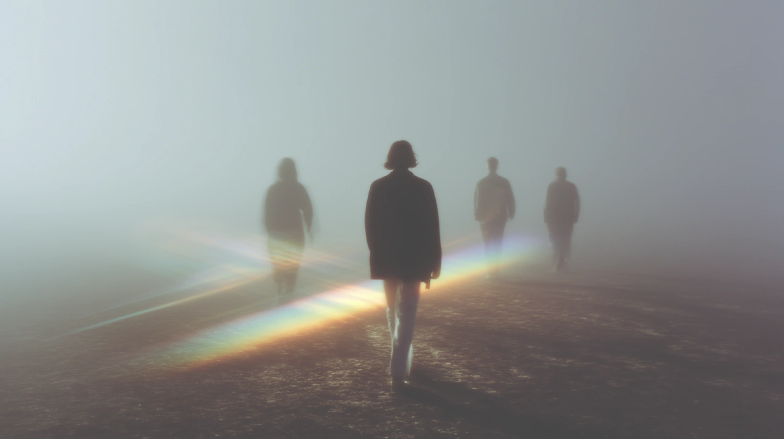 Silhouettes walking through a misty landscape.