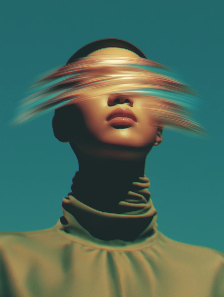 Surreal portrait with distorted facial features.