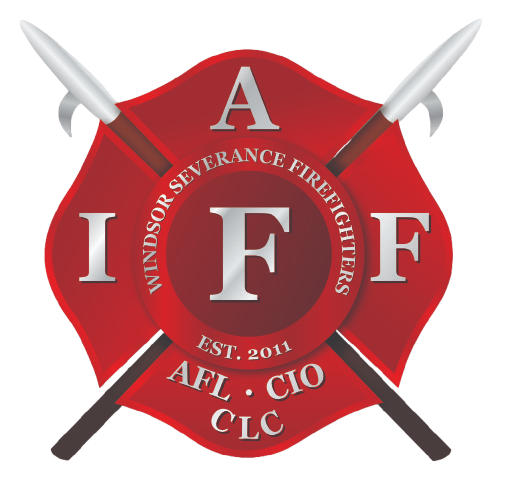 Windsor Severance Firefighters red emblem with crossed pike poles and silver letters I, A, F, F.
