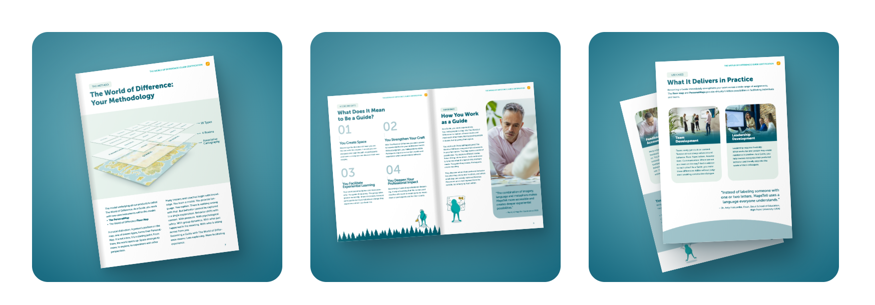 Three images of a professional guide booklet titled 'The World of Difference: Your Methodology.' The first image shows a cover page with a layered map graphic and text. The second image displays an open spread explaining what it means to be a guide, with four points and a photo of a man consulting another person. The third image shows two guide pages highlighting use cases for feedback accountability, team development, and leadership development, alongside photos of professionals collaborating.