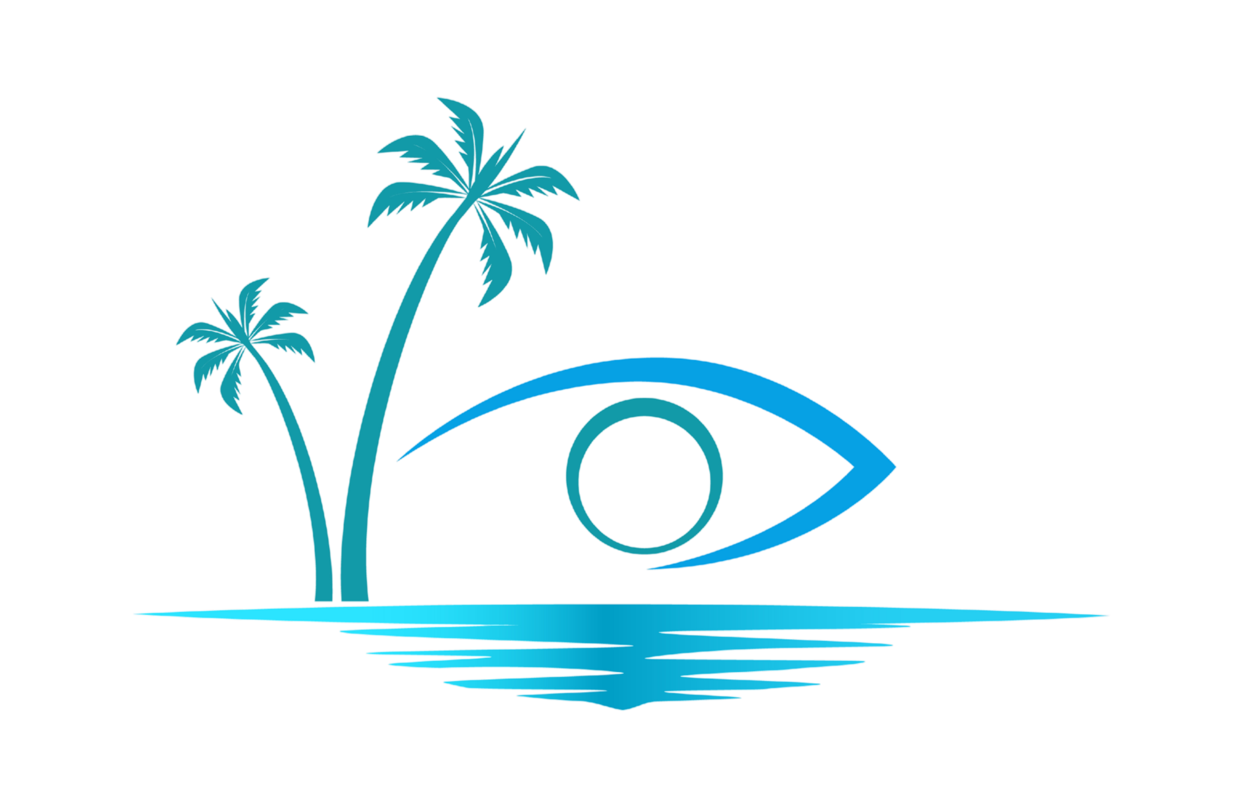 Stylized blue eye with two palm trees and water reflection on a black background.