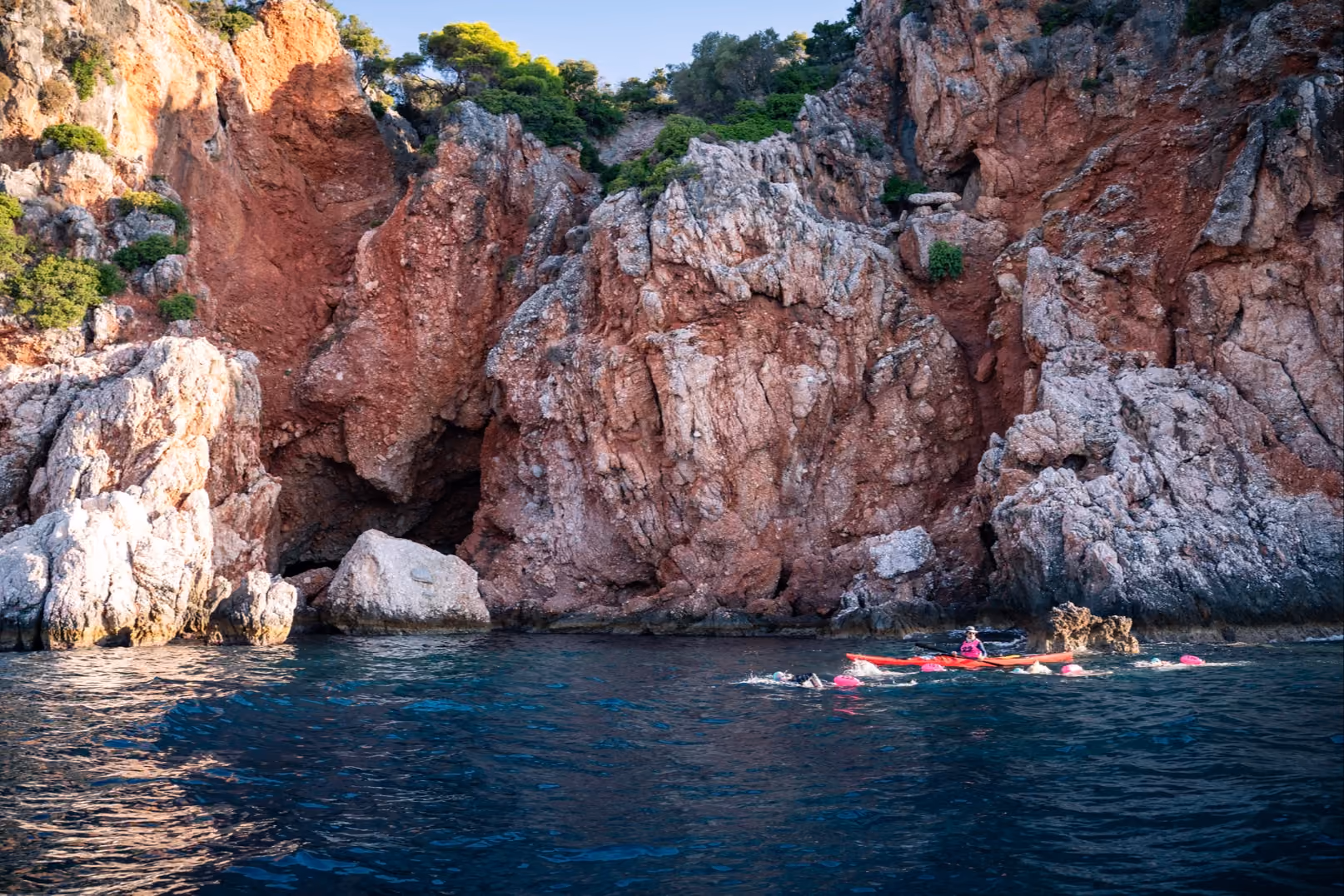 UltraSwim 33.3 #9 Greece, safety kayak by the rocks
