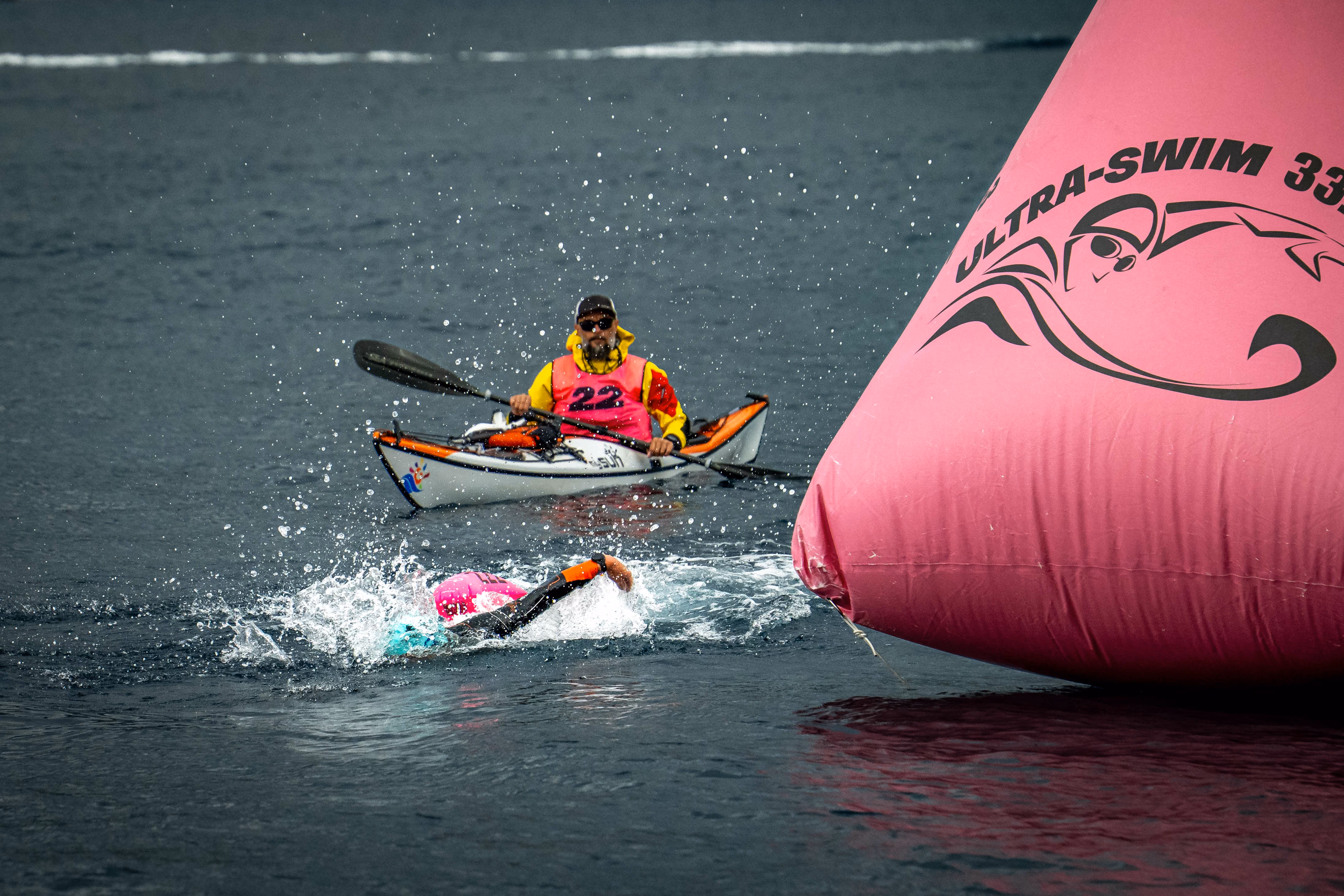 UltraSwim 33.3 #10 Montenegro, course buoy and safety kayak
