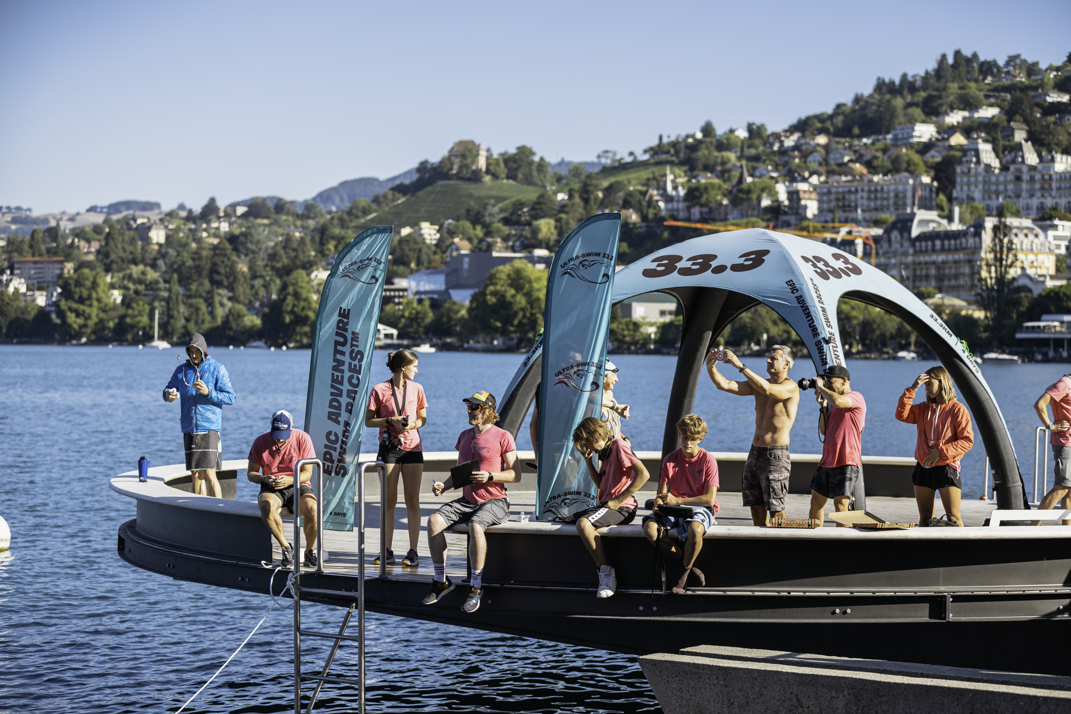 Swimmers in warm open water at an UltraSwim 33.3 event in Greece