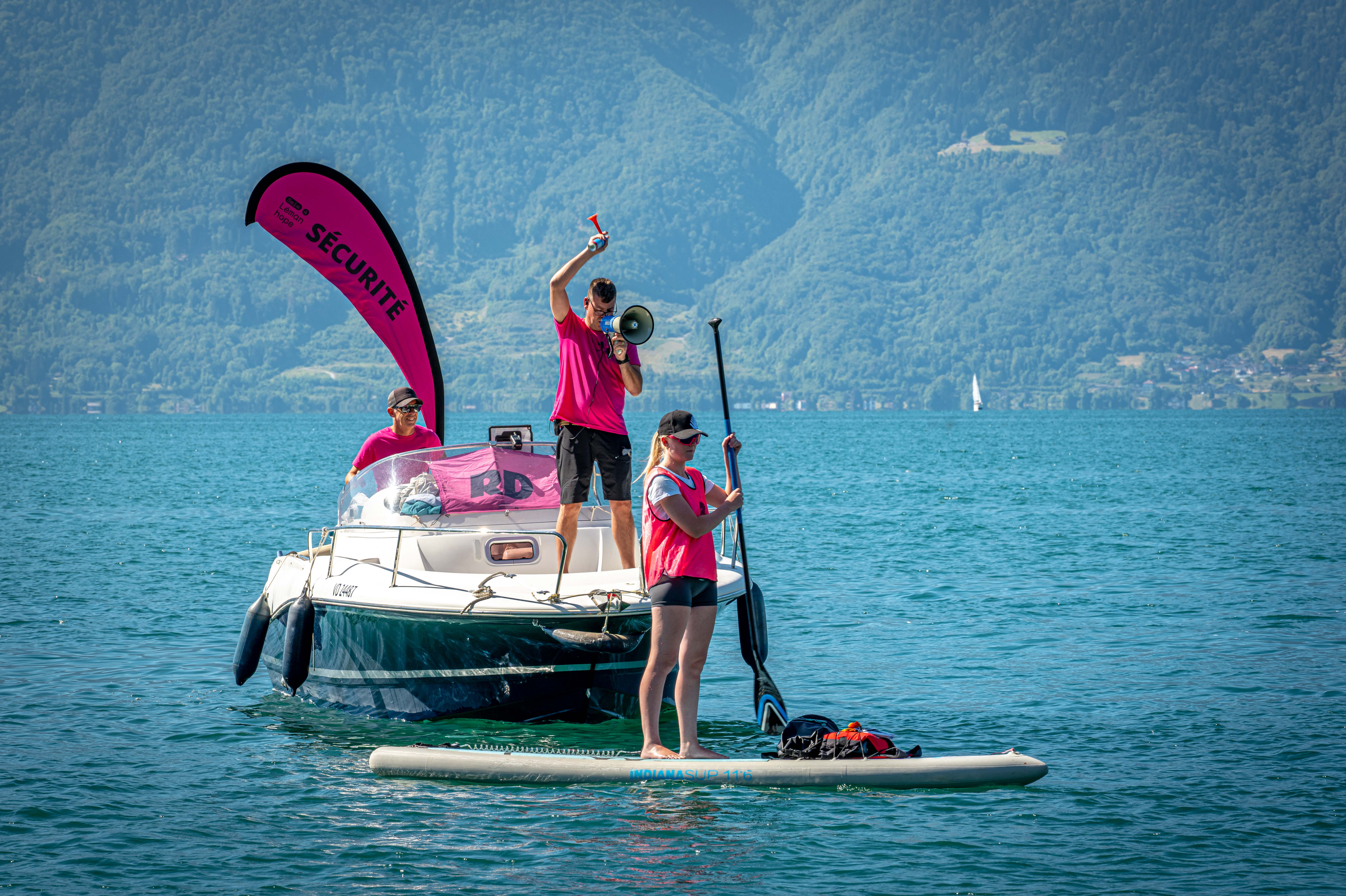 UltraSwim 33.3 #14 Switzerland, safety boat with swimmers on Lake Geneva