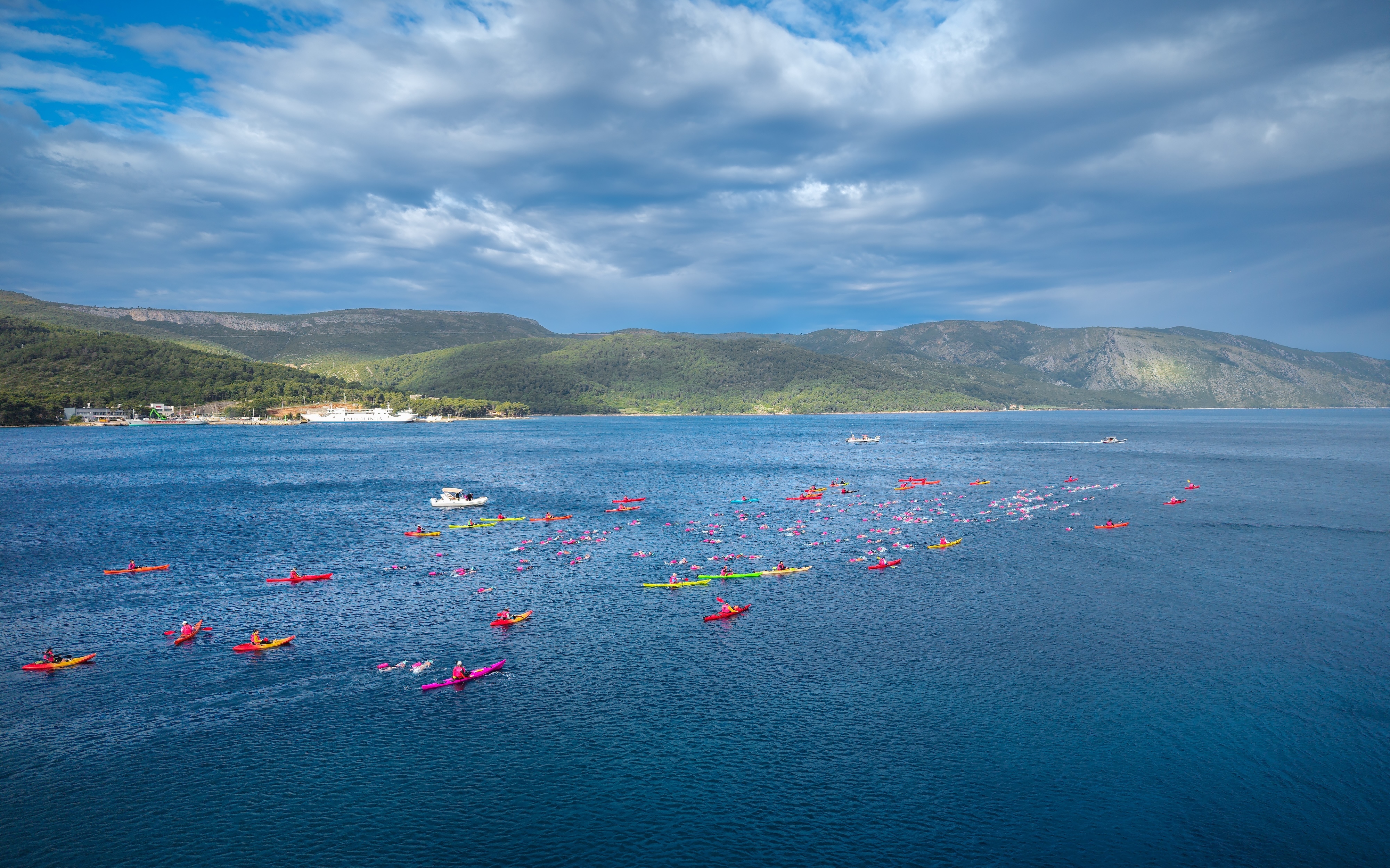 UltraSwim 33.3 #7 Croatia, drone view of kayak safety cover on a channel crossing