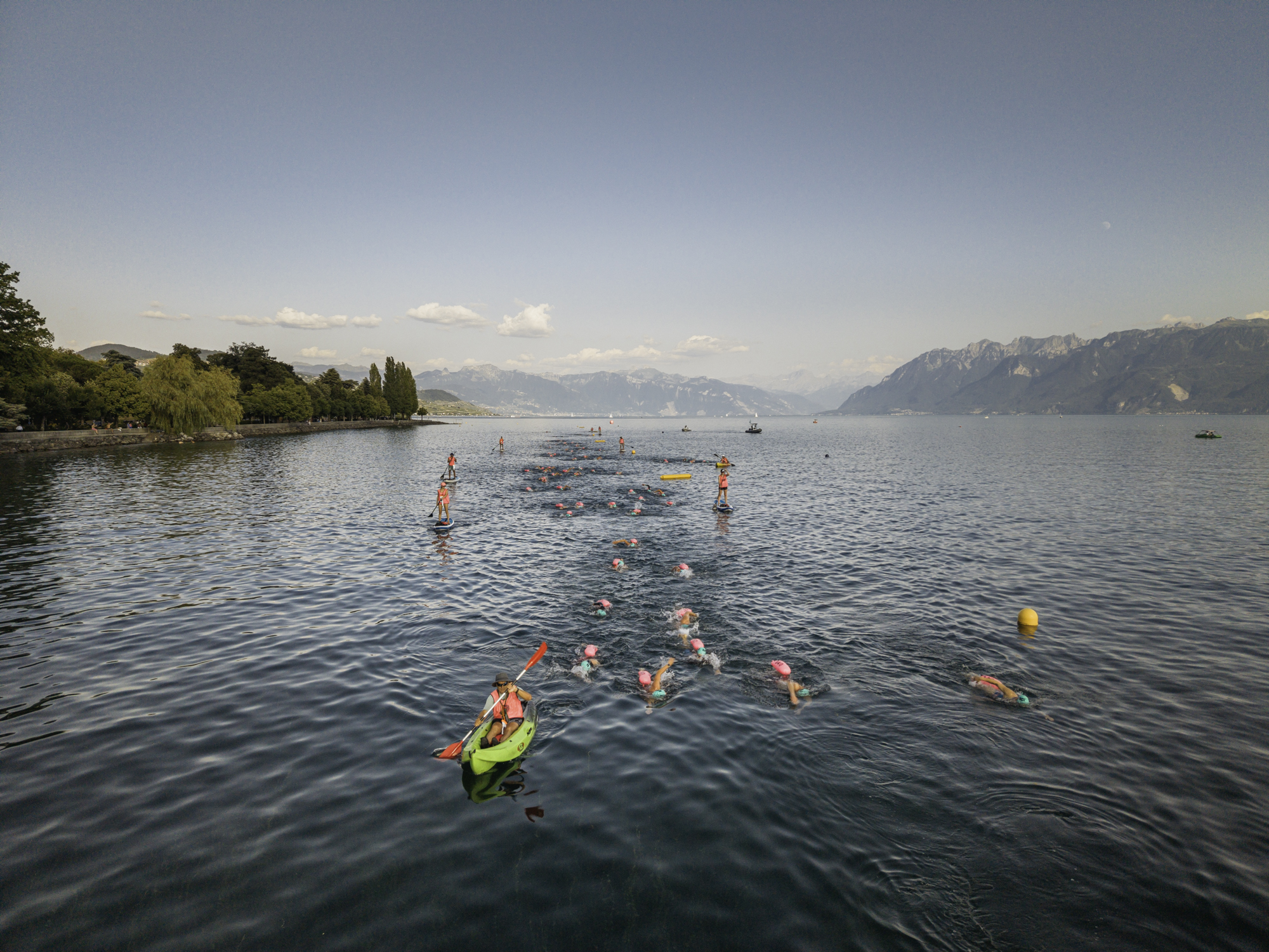UltraSwim 33.3 #14 Switzerland, drone view of kayak and paddleboard safety cover
