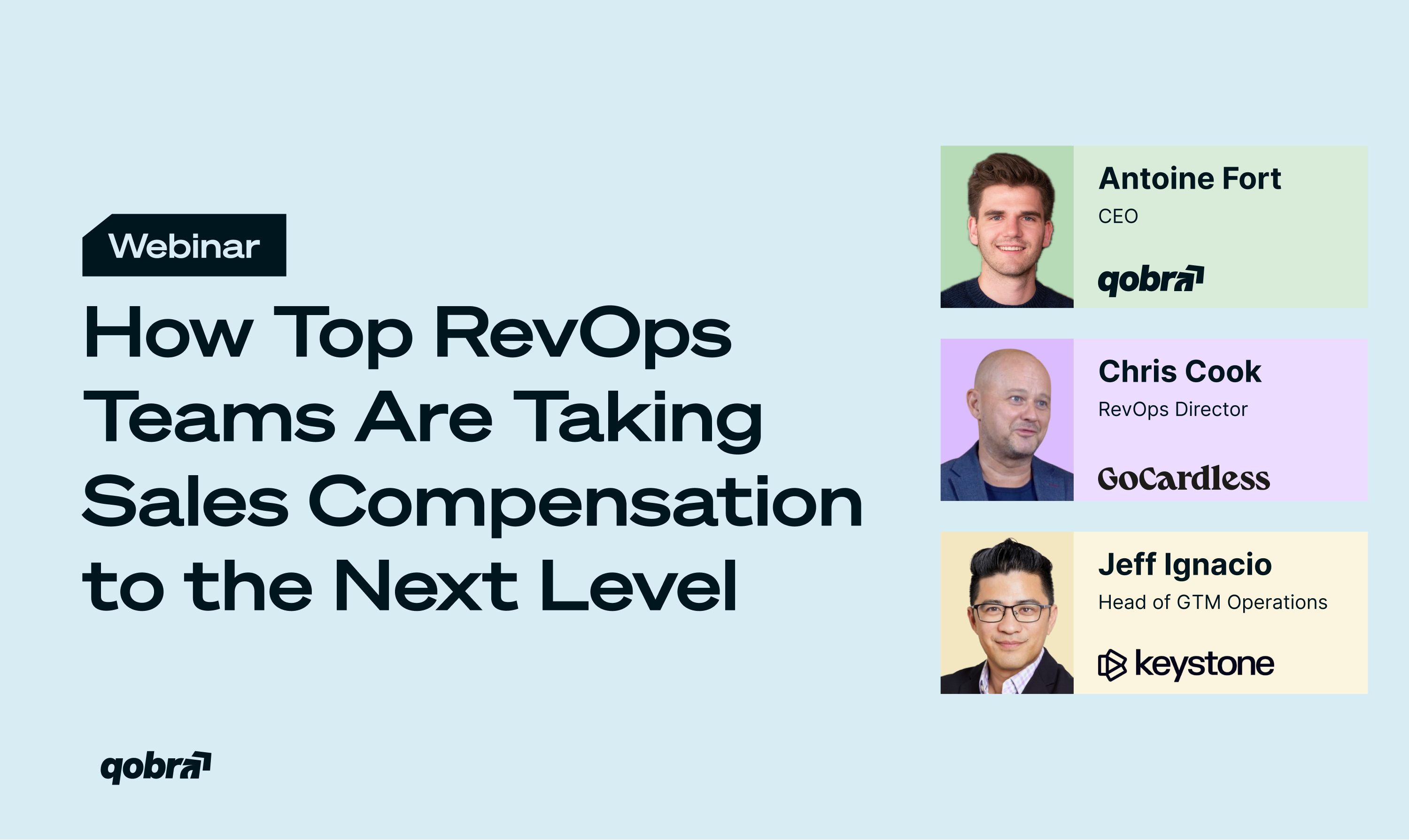 Webinar cover How Top RevOps Teams Are Taking Sales Compensation to the Next Level, with three speakers