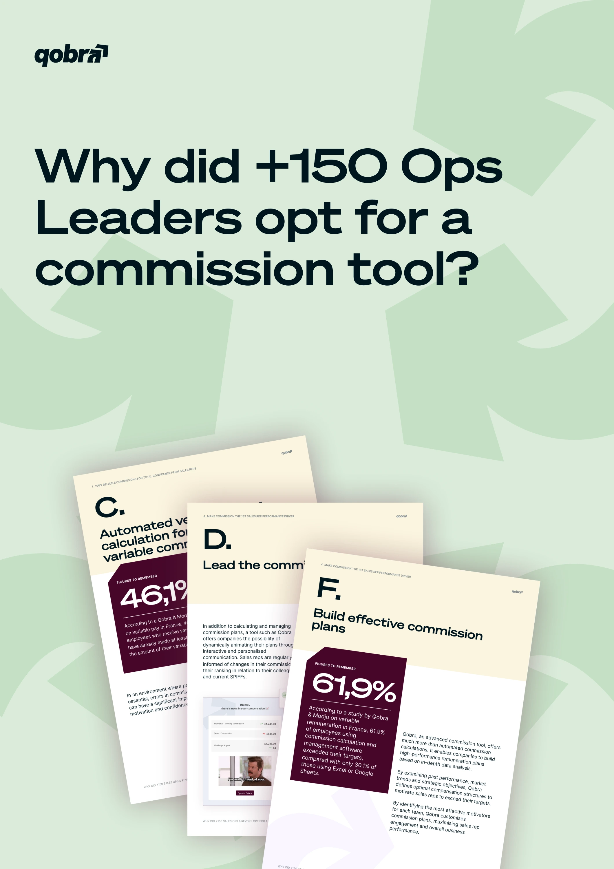Qobra ebook cover Why did +150 Ops Leaders opt for a commission tool? with sample pages on pale green