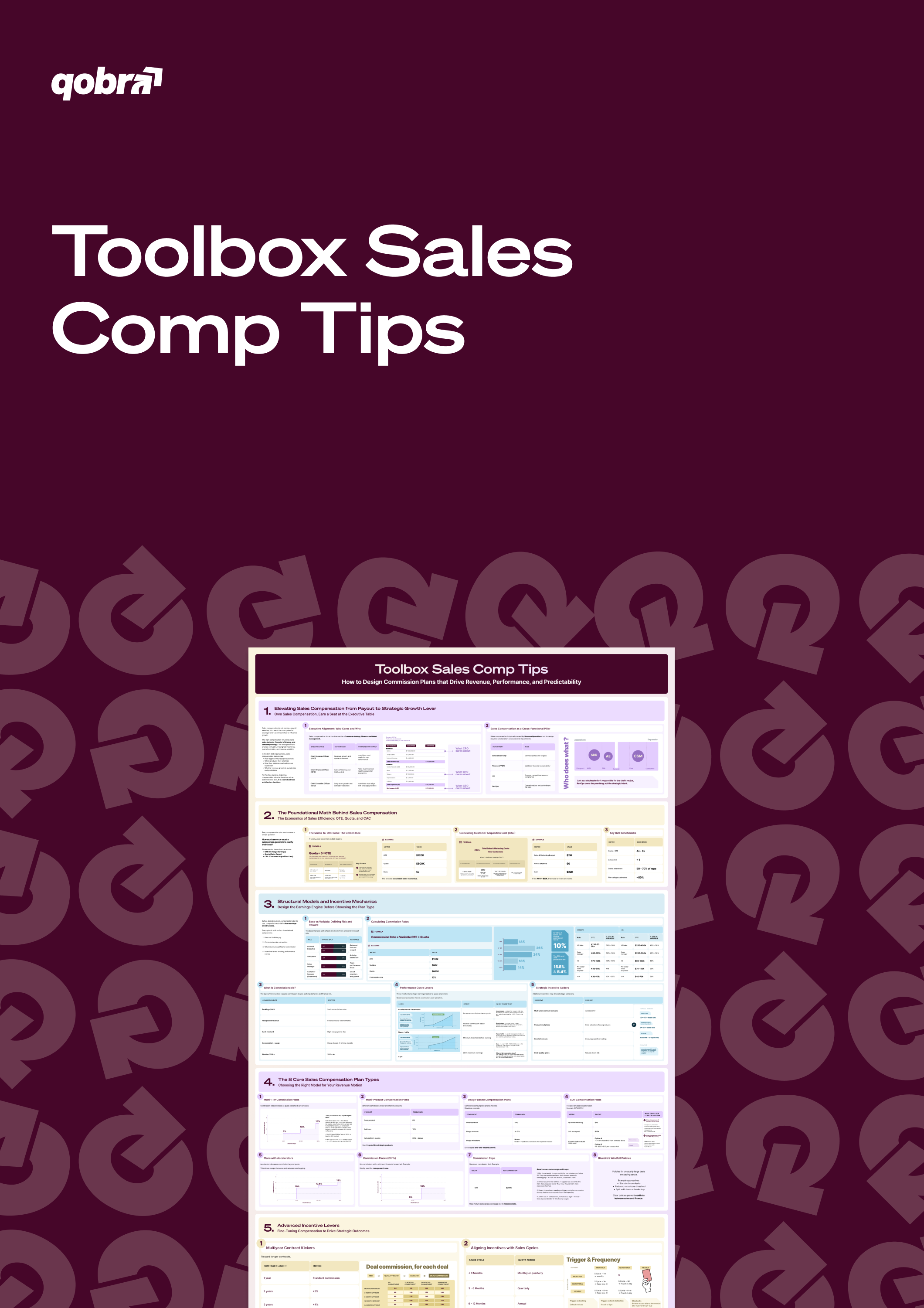 Qobra ebook cover titled Toolbox Sales Comp Tips on a burgundy background, with a preview of its pages