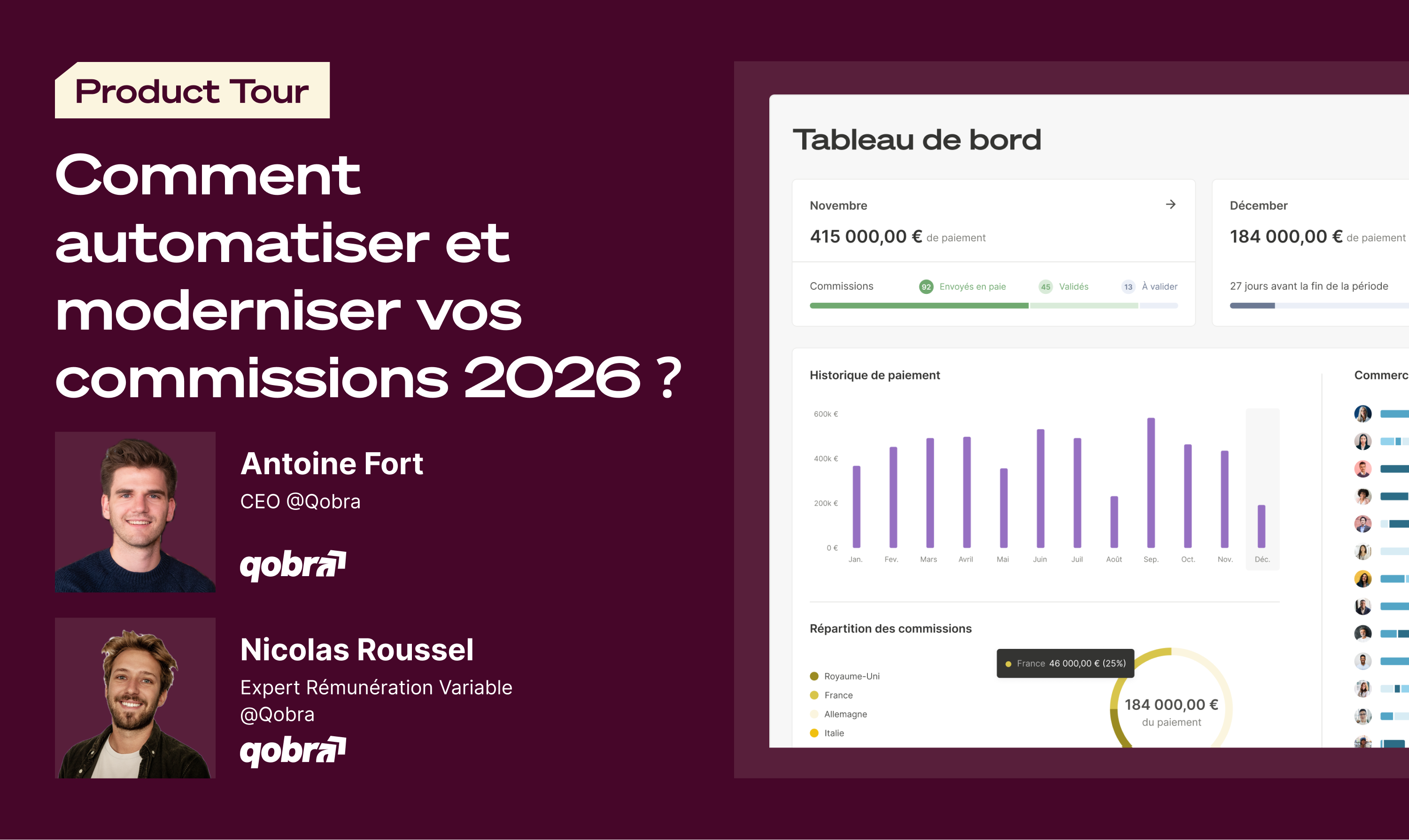 Bannière « Comment automatiser et moderniser vos commissions 2026 ? » avec Antoine Fort, Nicolas Roussel, tableau de bord