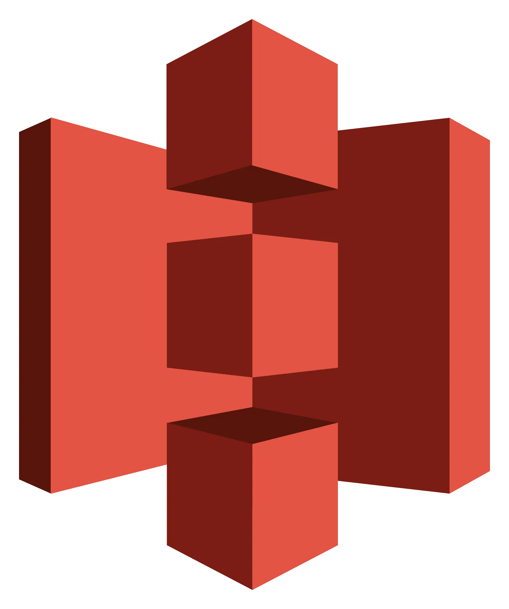 Three vertically aligned red 3D cubes in the center with two large red 3D rectangular panels angled behind them on each side.