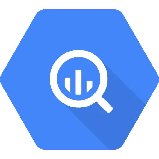 Blue hexagon with a white magnifying glass icon containing three vertical bars inside, representing data analysis or exploration.