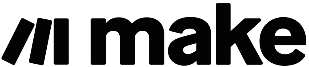 Bold black text spelling the word 'make' with a stylized three-stripe design on the left.