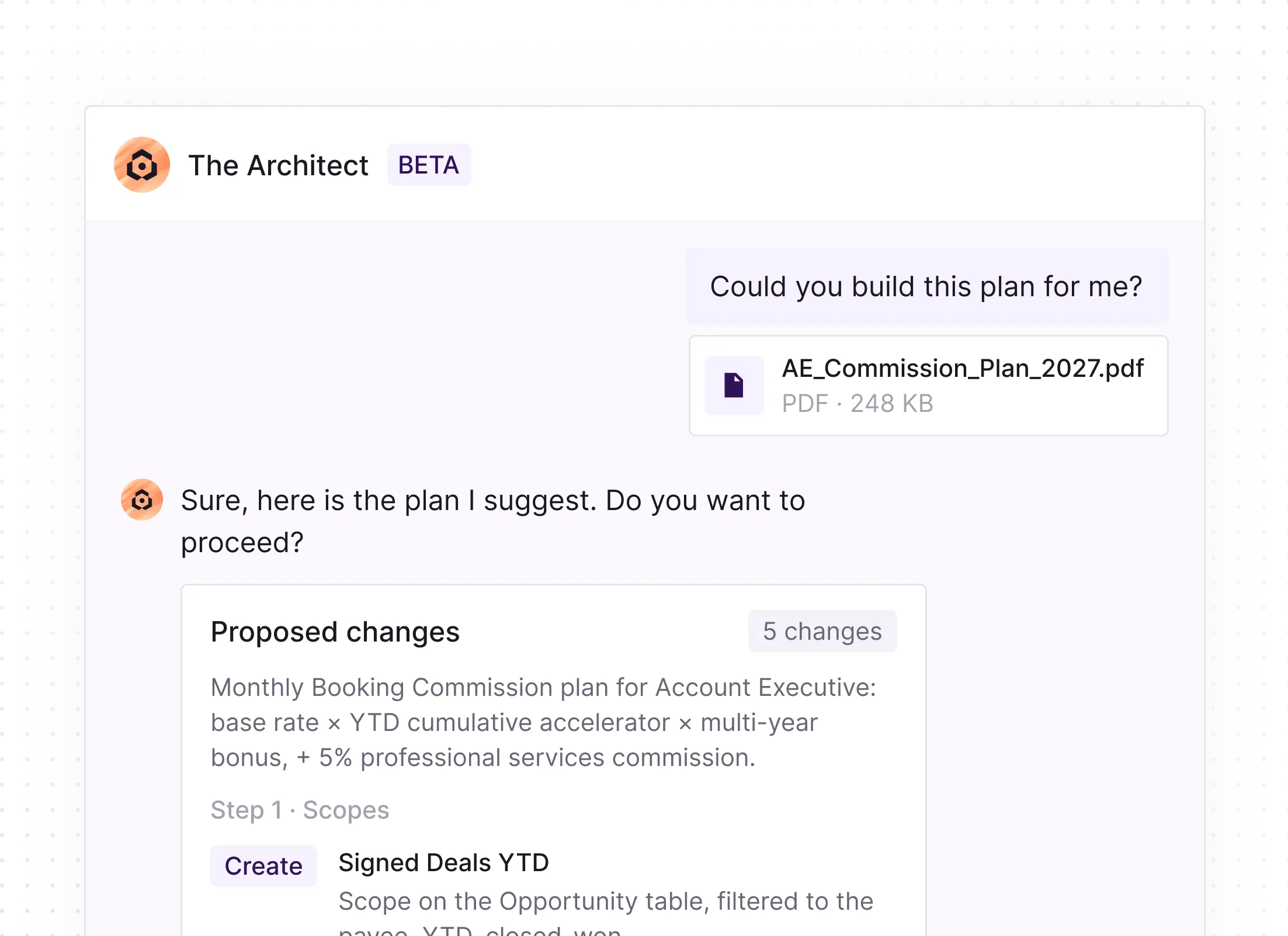 Chat interface labeled The Architect BETA showing a user requesting to build a plan with an attached PDF file named AE_Commission_Plan_2027.pdf; the response suggests proposed changes including a monthly booking commission plan for Account Executive with base rate, cumulative accelerator, multi-year bonus, and professional services commission, starting with scope creation for Signed Deals YTD.