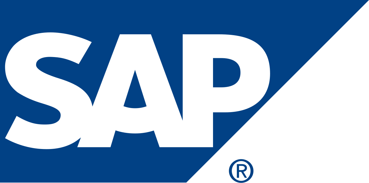 SAP company logo in bold white letters on a blue and dark gray diagonal split.