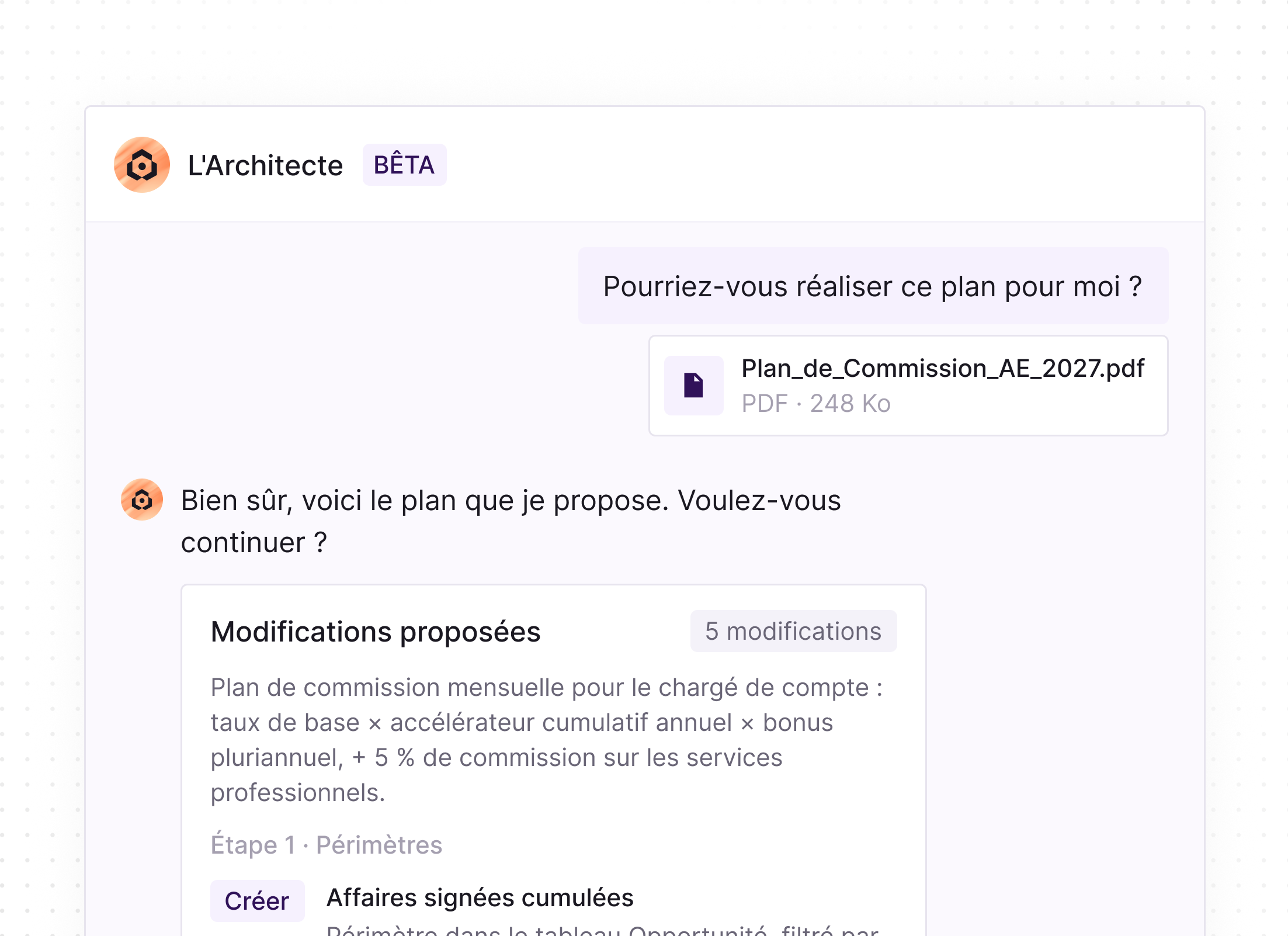 Screenshot of a chat interface named L'Architecte BÊTA showing a conversation in French. The user asks if the assistant can create a plan, attaching a PDF file named Plan_de_Commission_AE_2027.pdf. The assistant responds affirmatively, offering a proposed plan with five modifications detailed below, including a monthly commission plan for an account manager based on base rate, annual cumulative accelerator, multi-year bonus, and a 5% commission on professional services. The chat interface has a clean, white and light purple color scheme.