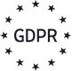 The acronym GDPR in bold black letters surrounded by a circle of 12 black stars, symbolizing the European Union's General Data Protection Regulation.