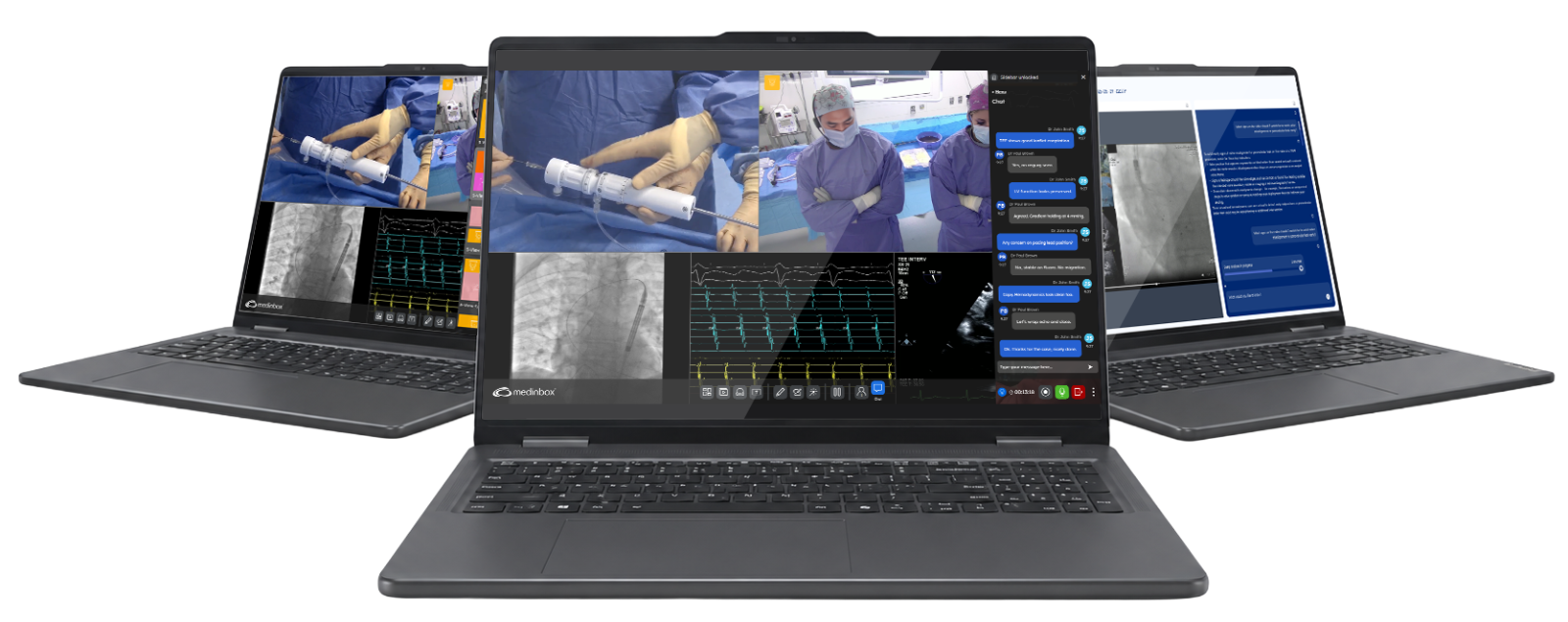 Medinbox software on three laptops: live collaboration with chat, procedural review and AI assistant