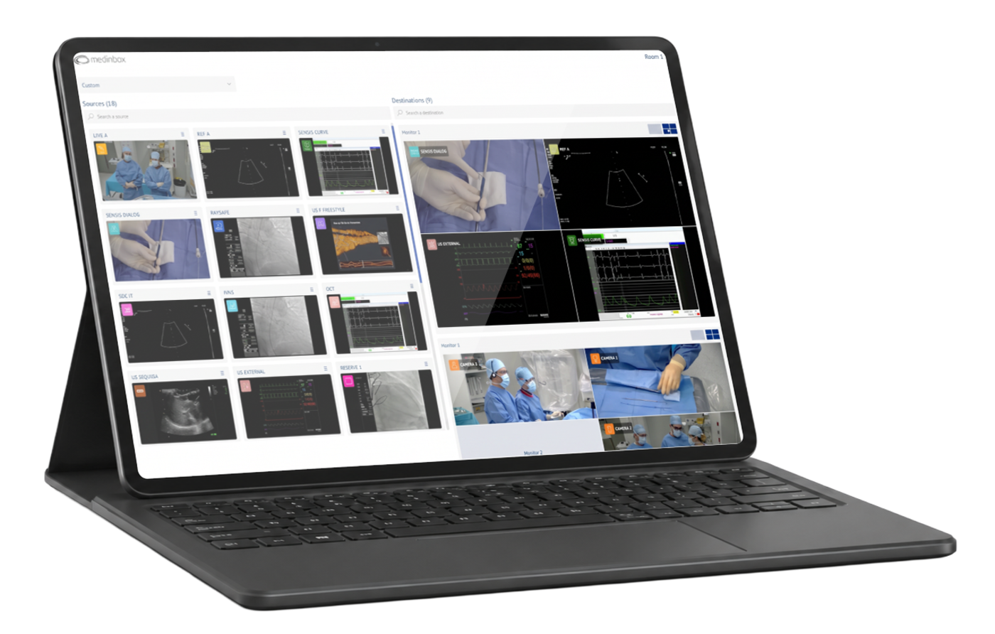 Tablet running the Medinbox I/O source control interface with 18 sources and multi-monitor destination preview