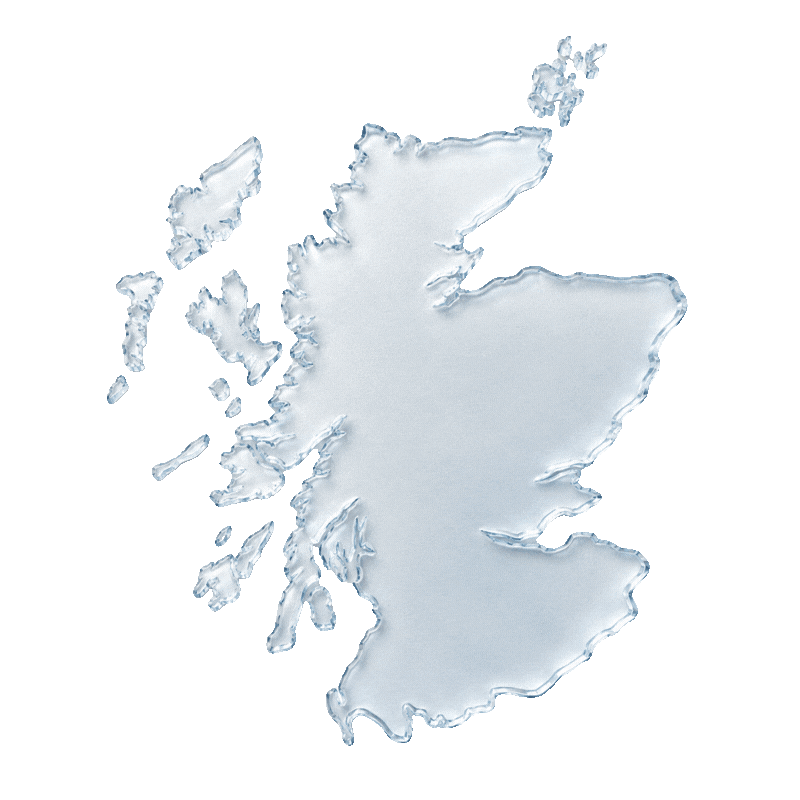 Transparent glass-like representation of Scotland map on pale green background.