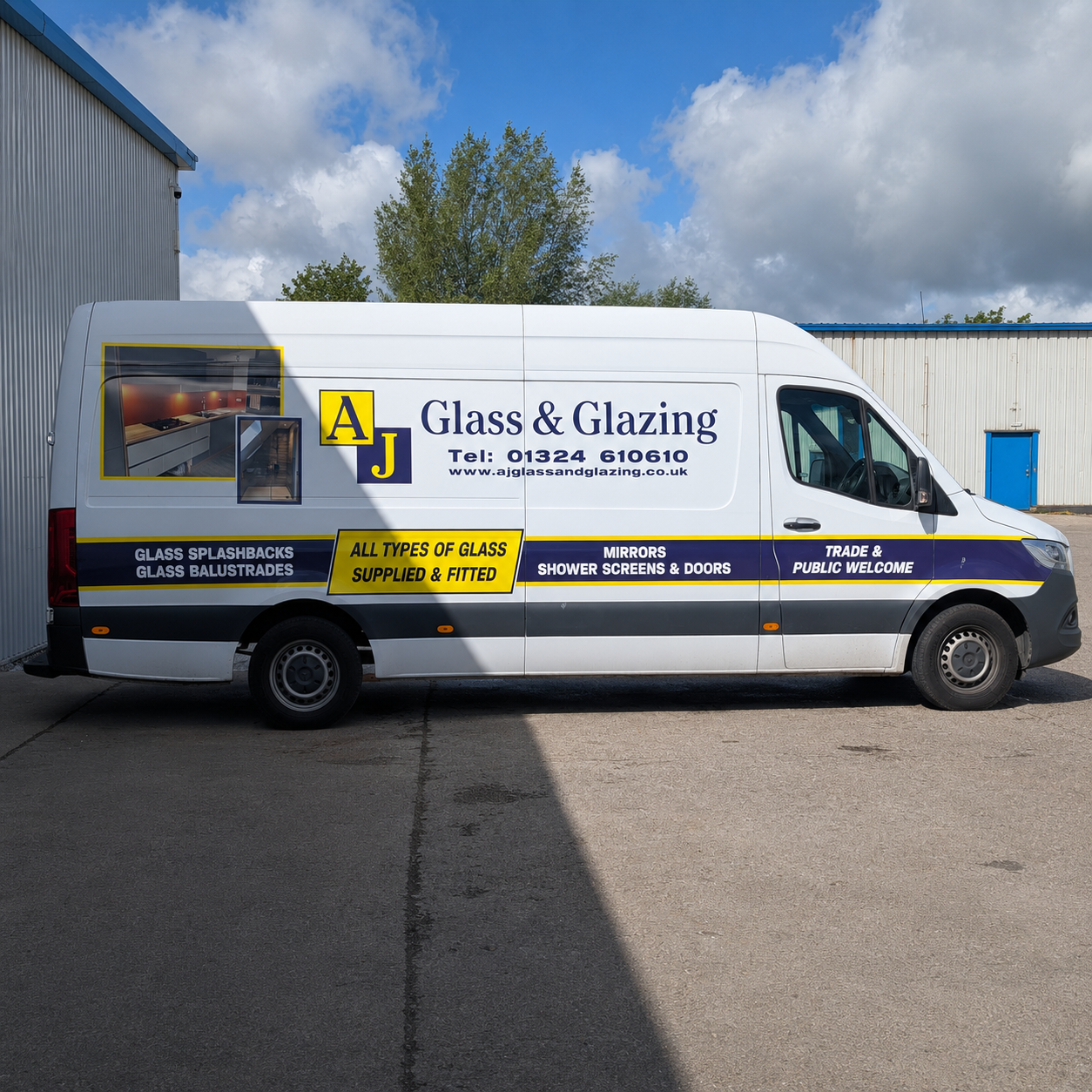 AJ Glass and Glazing company van with signage advertising splashbacks, balustrades, mirrors and shower screens